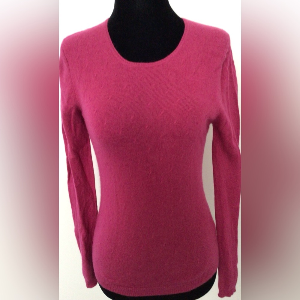 COLOUR WORKS 100% Pure Cashmere  Fuschia Pink Mini-Cable Crewneck Sweater - S